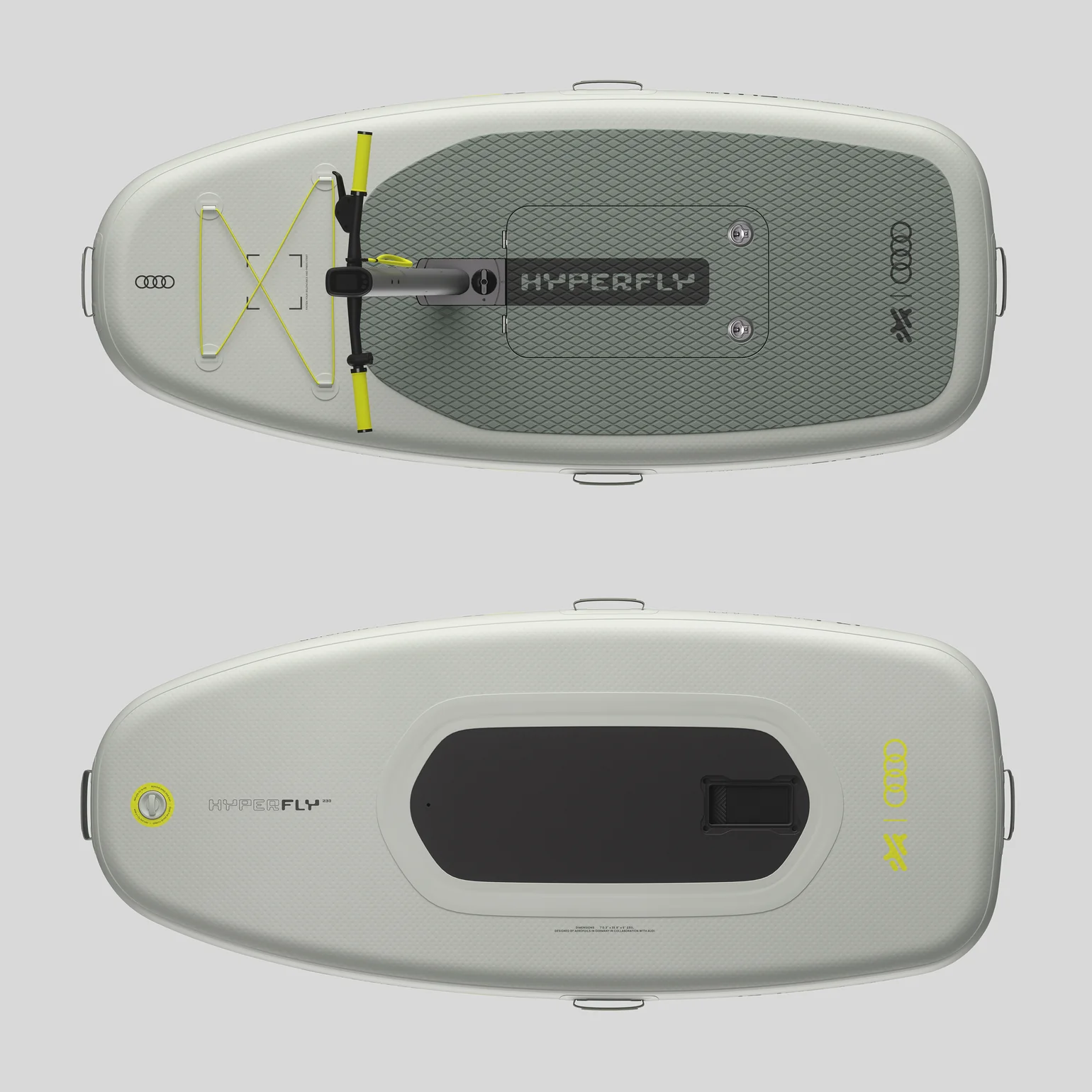 Ober- und Unterseite eines hellen Hyperfly Unterwasser-Scooter-Boards