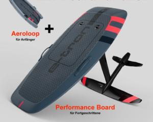 Dunkelblaues Performance-E-Foil-Board mit roten Streifen und Aeroloop-Aufsatz für Anfänger