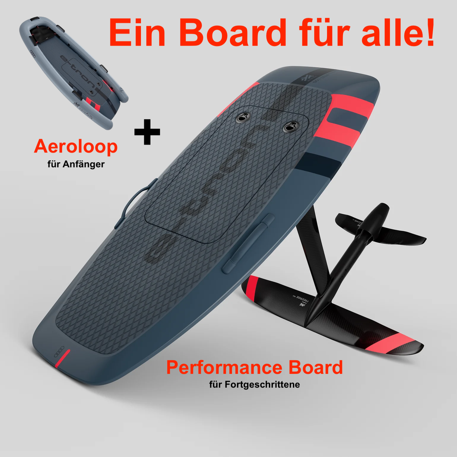 Dunkelblaues Performance-E-Foil-Board mit roten Streifen und Aeroloop-Aufsatz für Anfänger