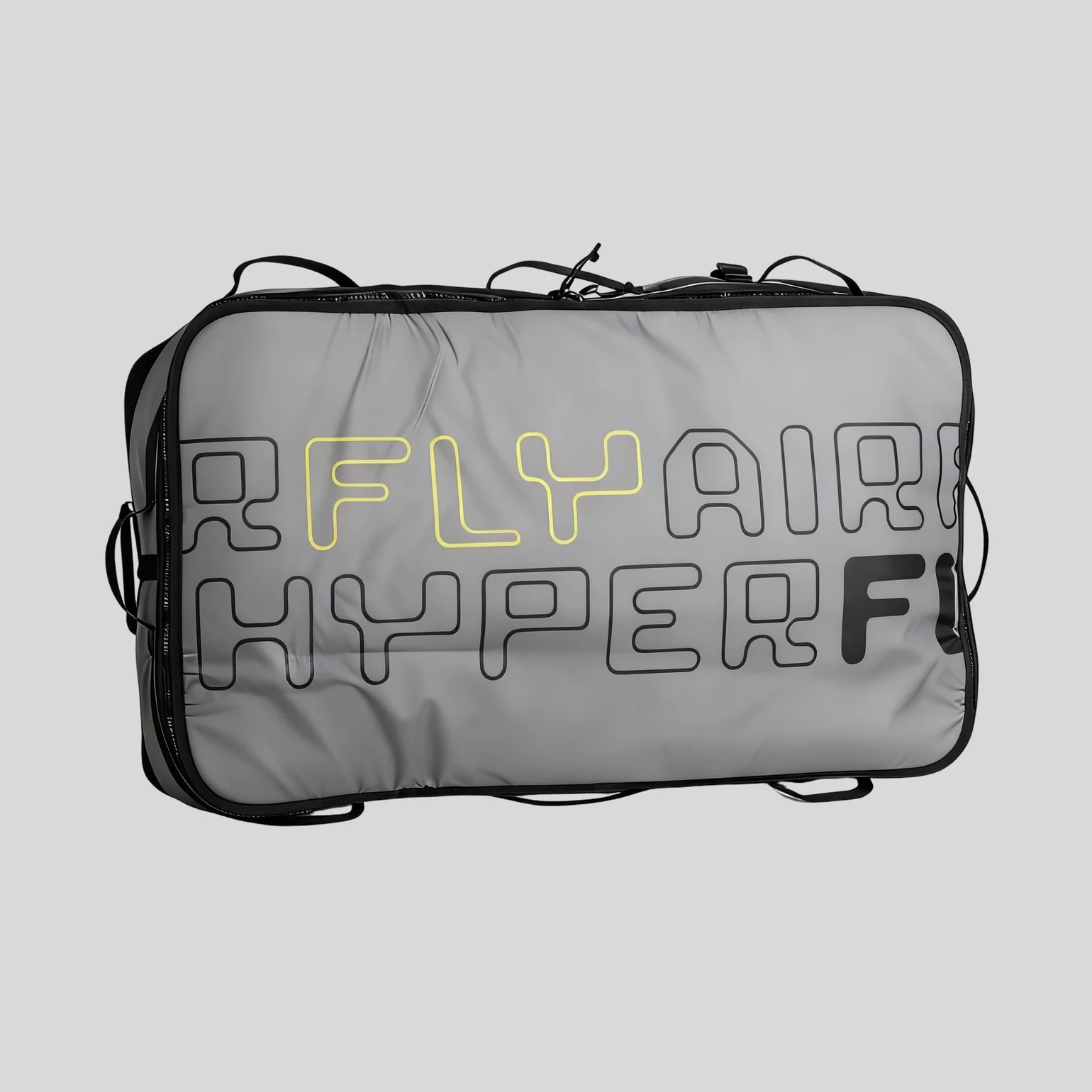 Graue Transporttasche fuer eFoil-Board mit Airfly- und Hyperfly-Aufdruck