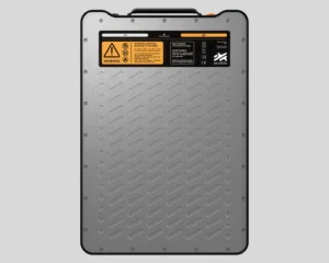 Graue Akku-Batterie fuer ein e-Foil mit Warnhinweis