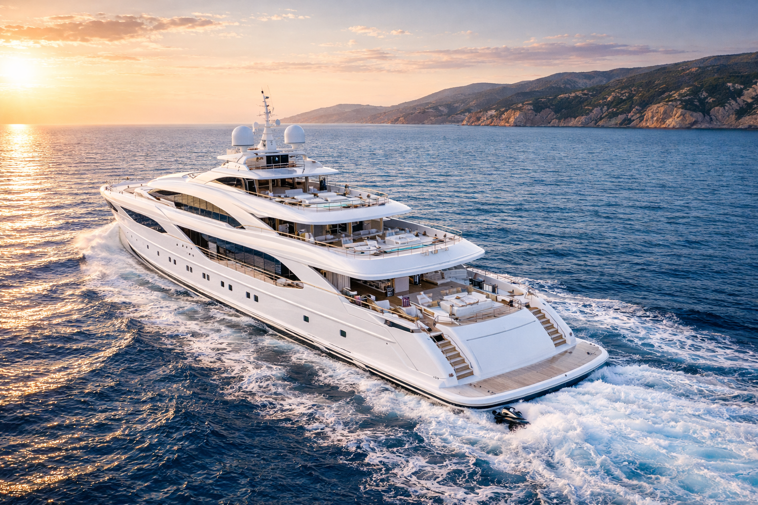 BROKERAGE BAYSIDE BROKERAGE Mega-Yacht-auf-offenem-Meer-Sonnenuntergang-Luxus BAYSIDE Yacht Charter
