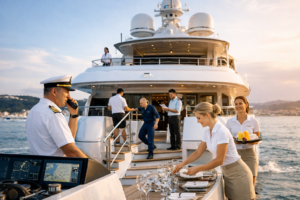 Crew einer Superyacht auf dem Achterdeck, Kapitaen am Steuer und Stewardessen mit Getraenken bei Sonnenuntergang