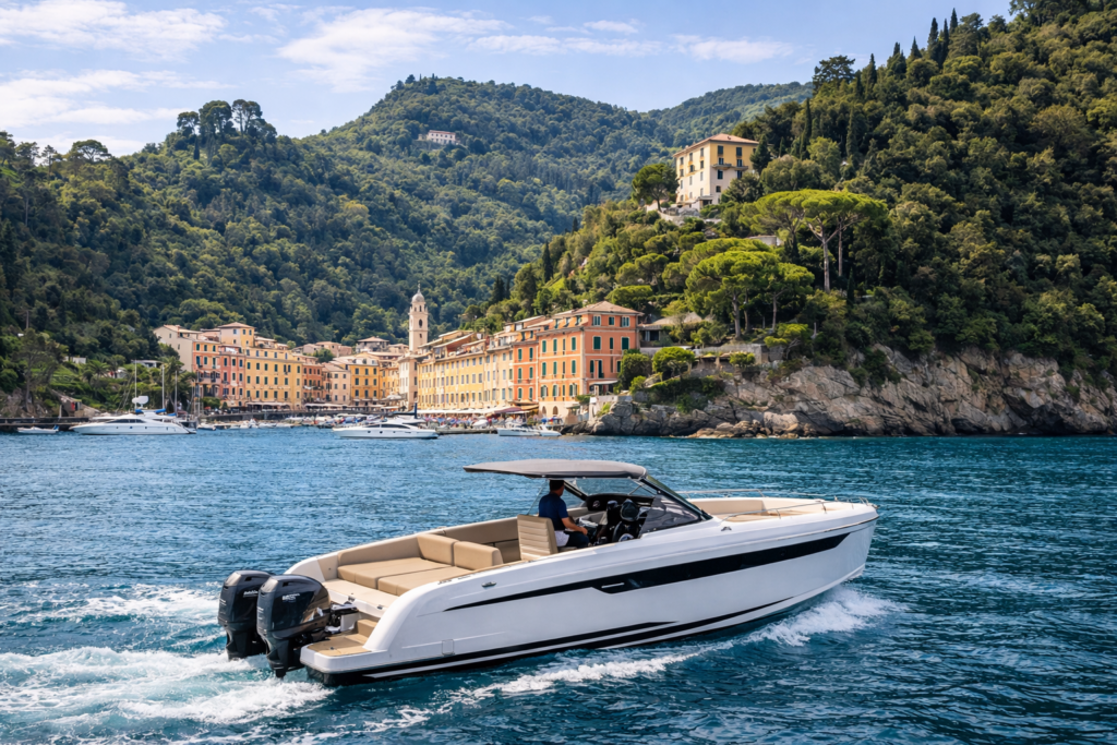 Weisse Motoryacht mit Aussenbordmotoren in Fahrt vor bewaldeter Kueste bei Portofino