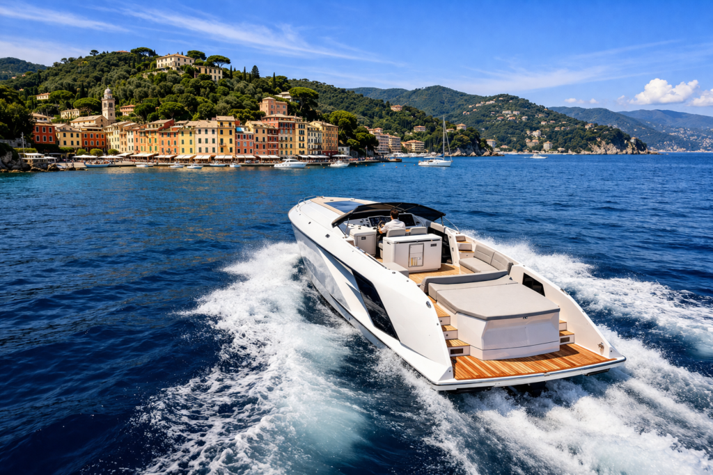 Weisse Motoryacht in Fahrt vor der farbenfrohen Kulisse von Portofino