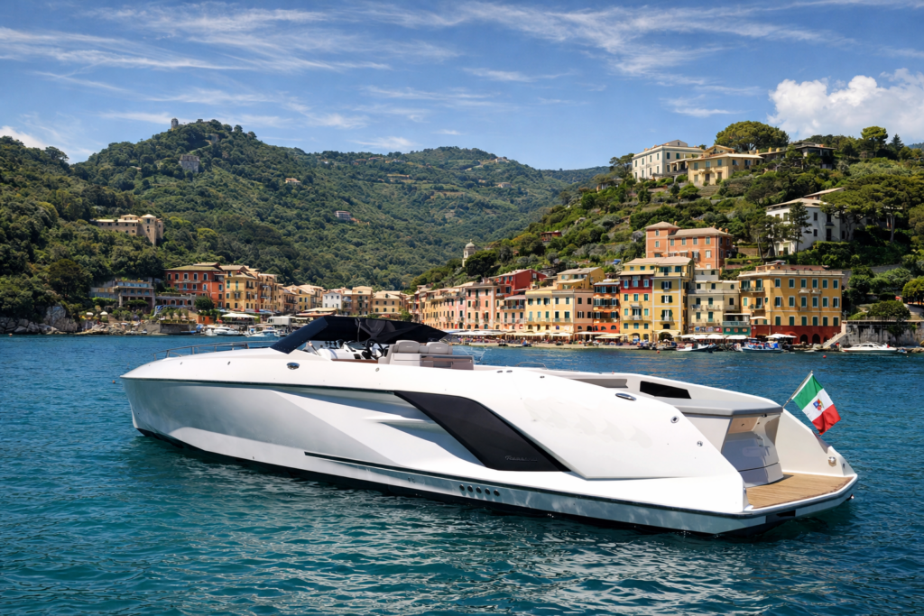 Weisse Frauscher-Yacht vor Anker in der Bucht vor Portofino