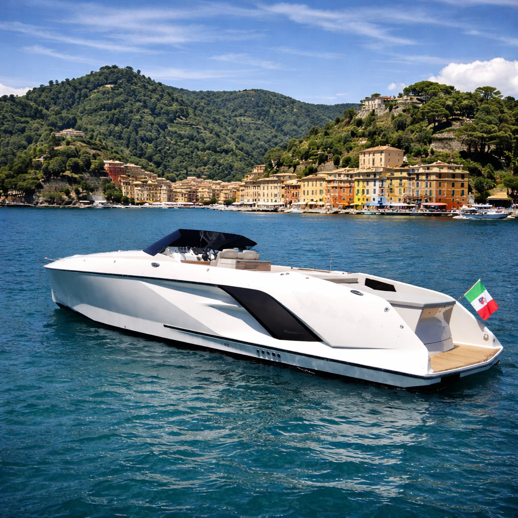 Weisse Motoryacht auf türkisem Wasser vor der grünen Küste bei Portofino