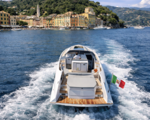 Motoryacht von hinten mit italienischer Flagge vor der bunten Kulisse Portofinos
