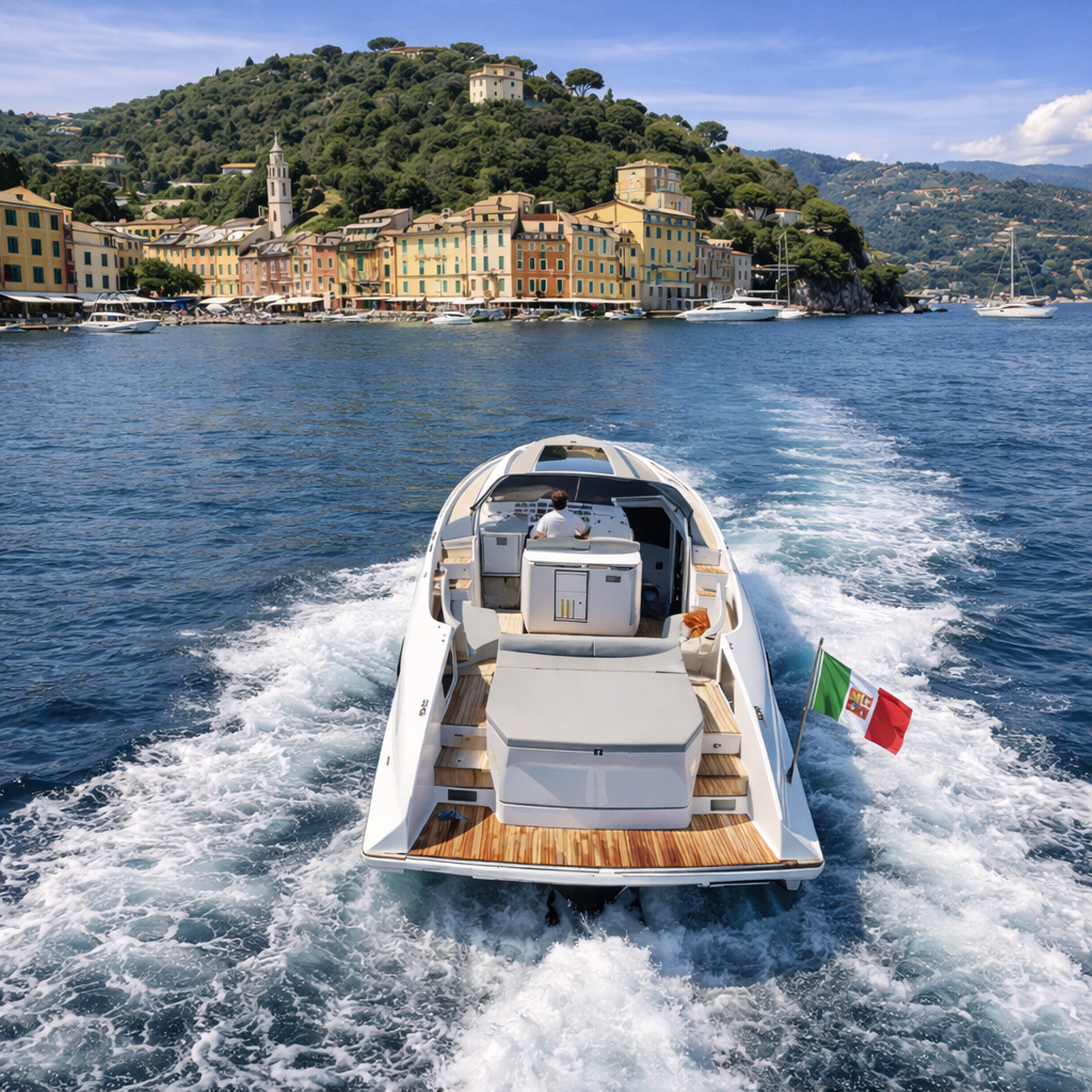 Motoryacht von hinten mit italienischer Flagge vor der bunten Kulisse Portofinos