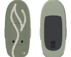eFoil-Board in Gruen mit hellem Muster, Ober- und Unterseite mit Batteriefach nebeneinander