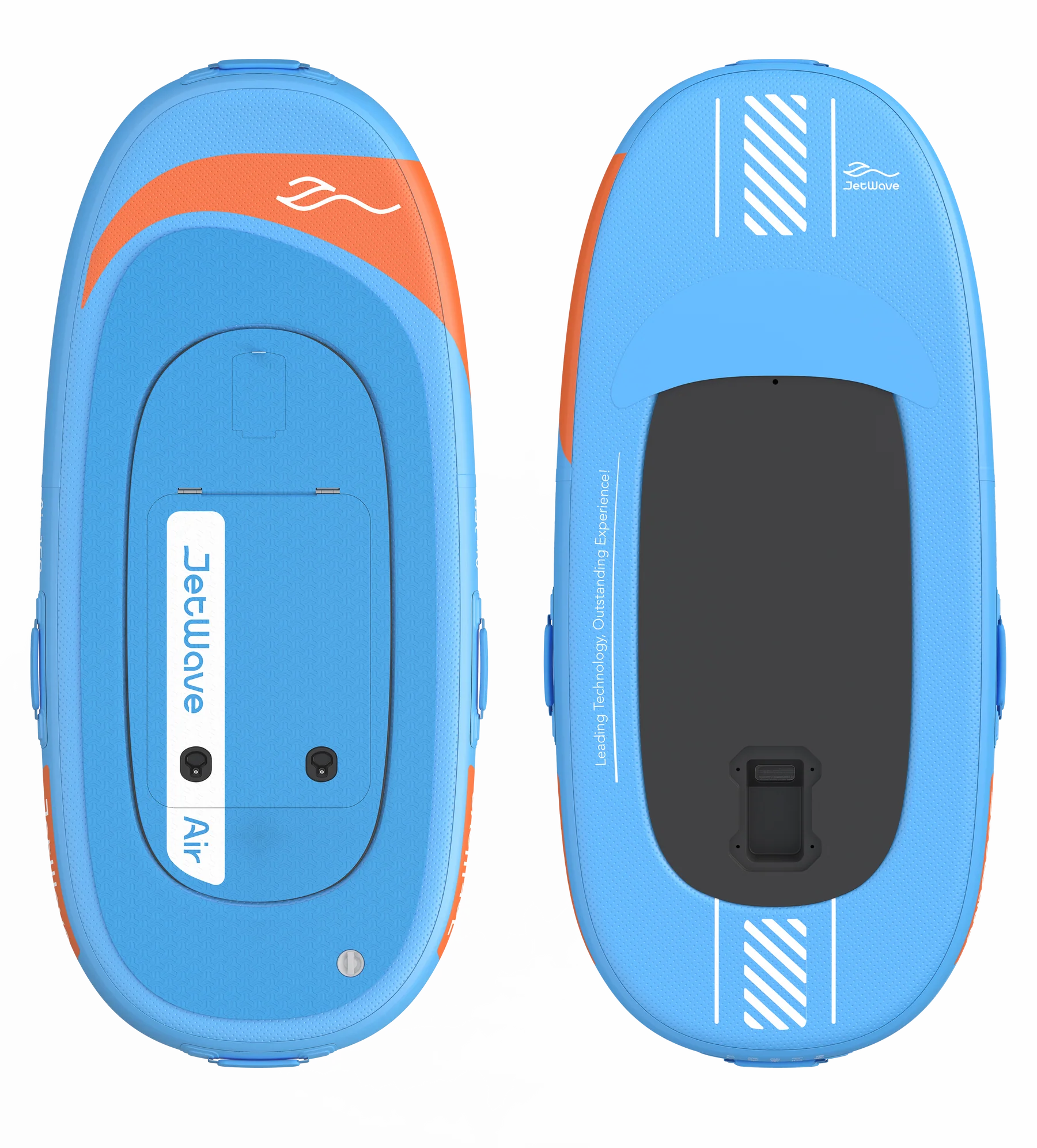 Blaues eFoil-Board mit orangefarbenen Akzenten, Ober- und Unterseite nebeneinander