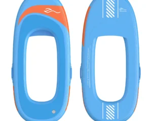 Blaues eFoil-Board mit orangefarbenem Streifen, Ober- und Unterseite nebeneinander