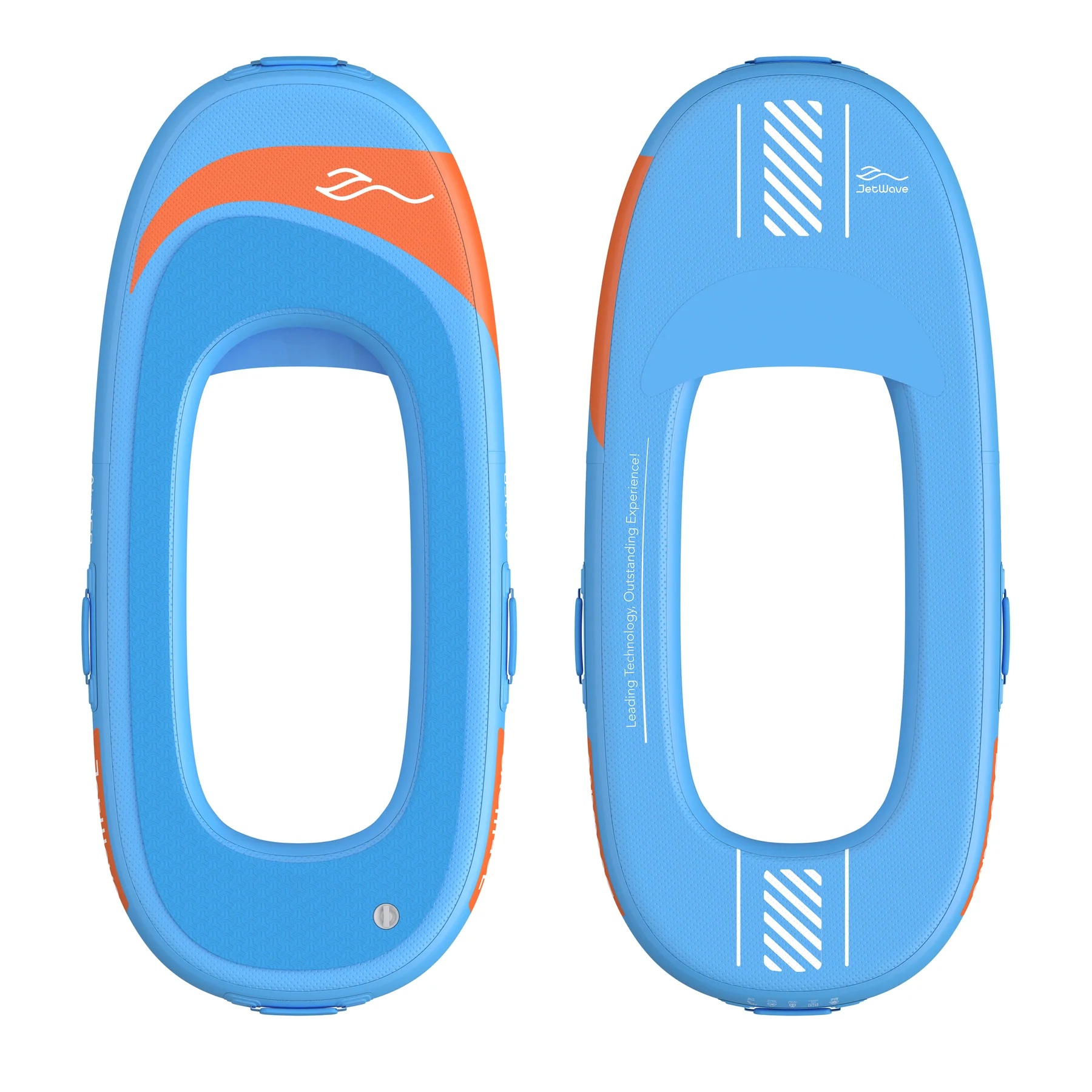 Blaues eFoil-Board mit orangefarbenem Streifen, Ober- und Unterseite nebeneinander