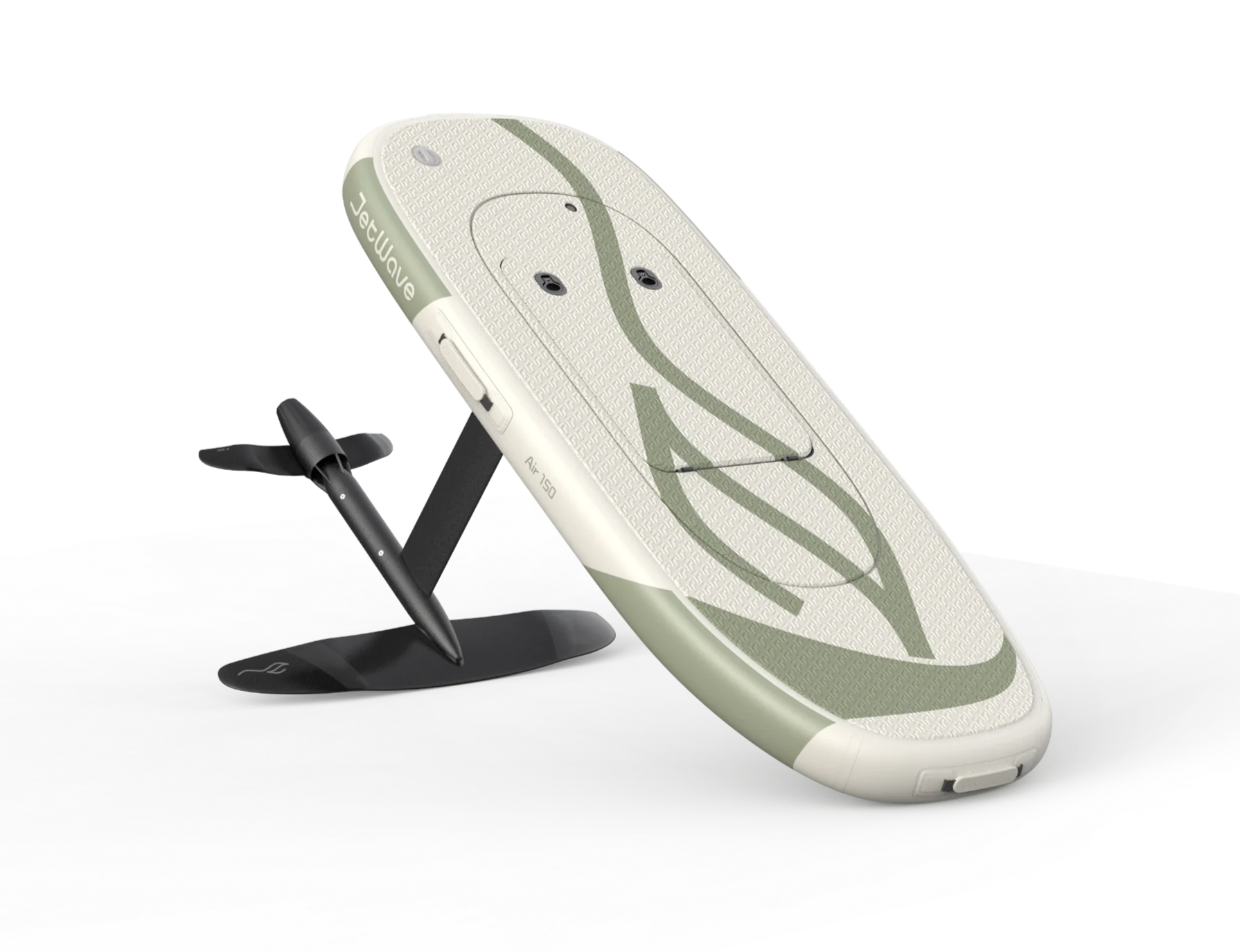 eFoil-Board in Velvet White mit schwarzem Foil-Mast und Tragflügel in Schrägansicht