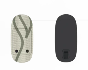 Cremeweisses eFoil-Board mit gemustertem Deck und schwarze Unterseite in der Draufsicht