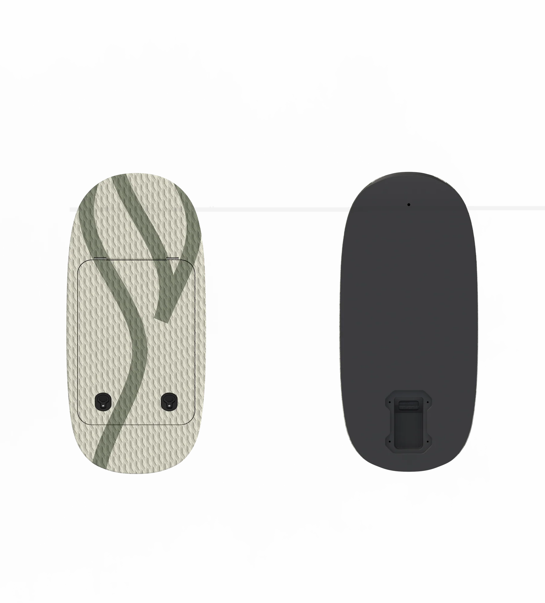 Cremeweisses eFoil-Board mit gemustertem Deck und schwarze Unterseite in der Draufsicht
