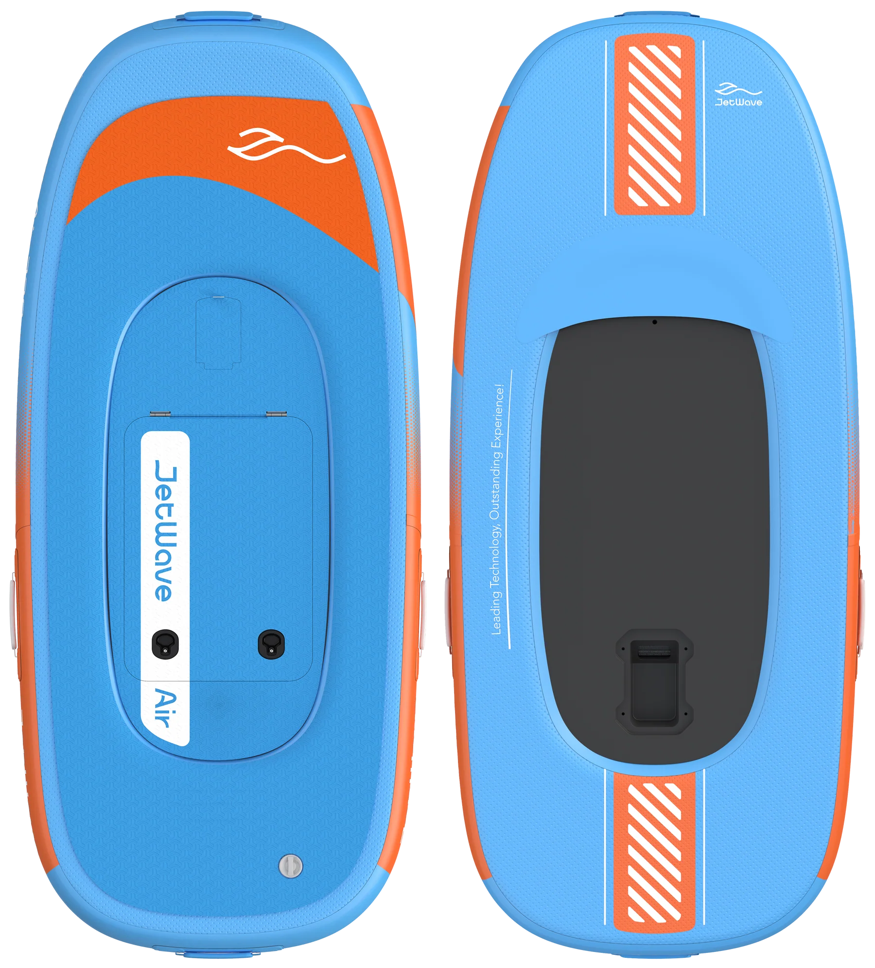 Blau-orangefarbenes eFoil-Board von Ober- und Unterseite, freigestellt vor weißem Hintergrund