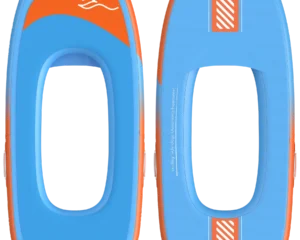 Zwei aufblasbare blau-orangefarbene eFoil-Boardringe von oben, freigestellt vor weißem Hintergrund