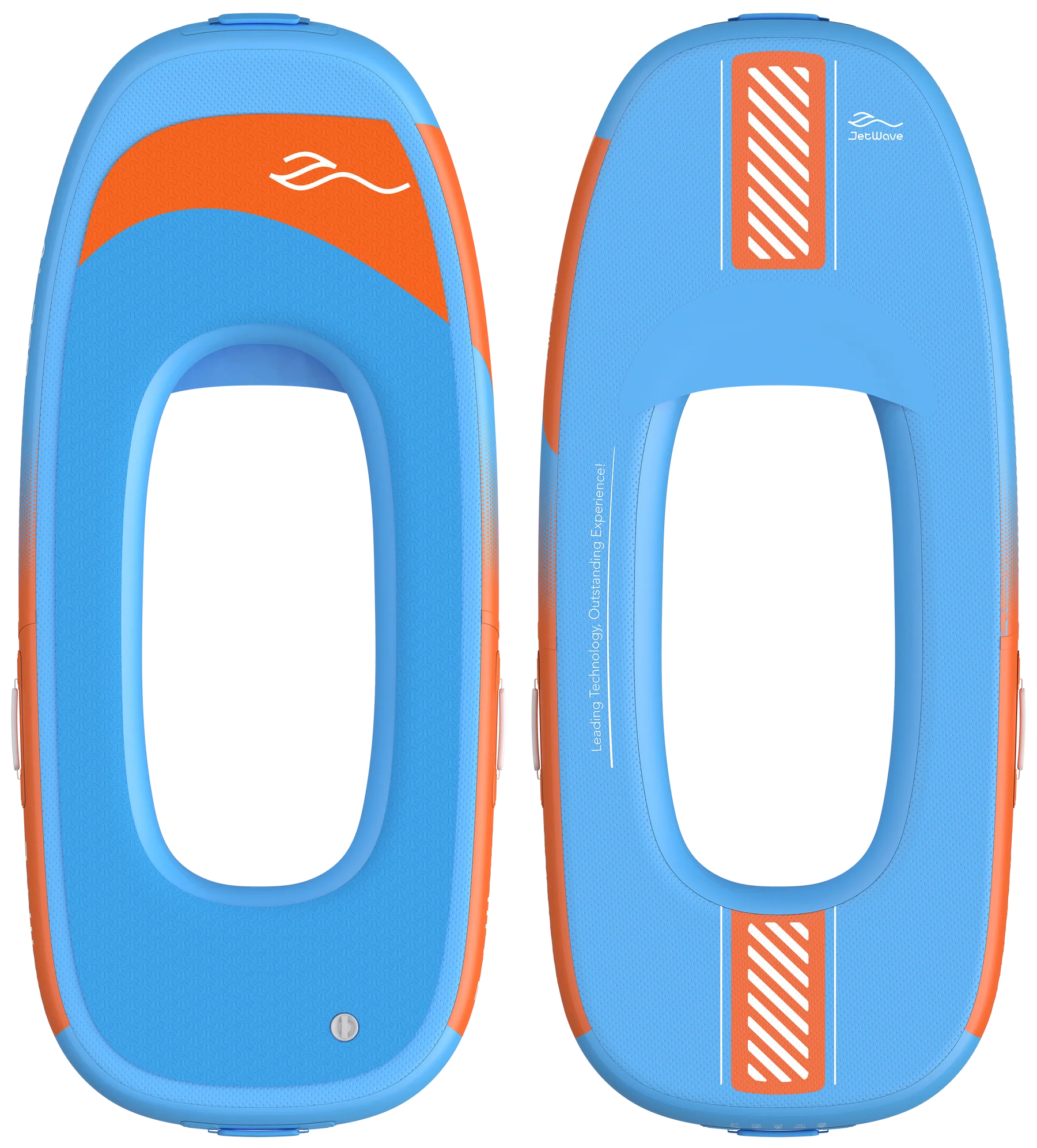 Zwei aufblasbare blau-orangefarbene eFoil-Boardringe von oben, freigestellt vor weißem Hintergrund