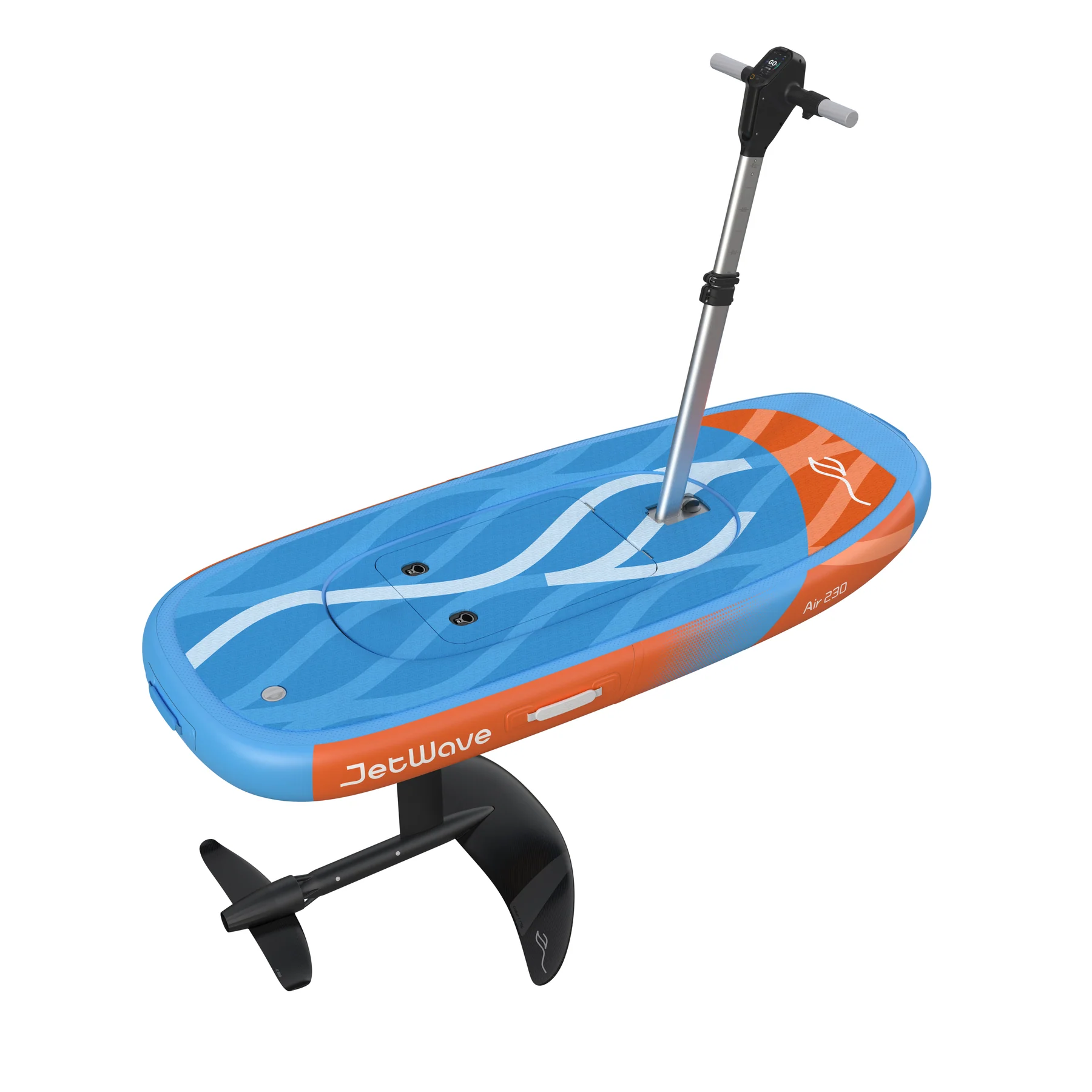 Blau-oranges eFoil-Board mit Lenkstange und schwarzem Tragfluegel schraeg von vorn