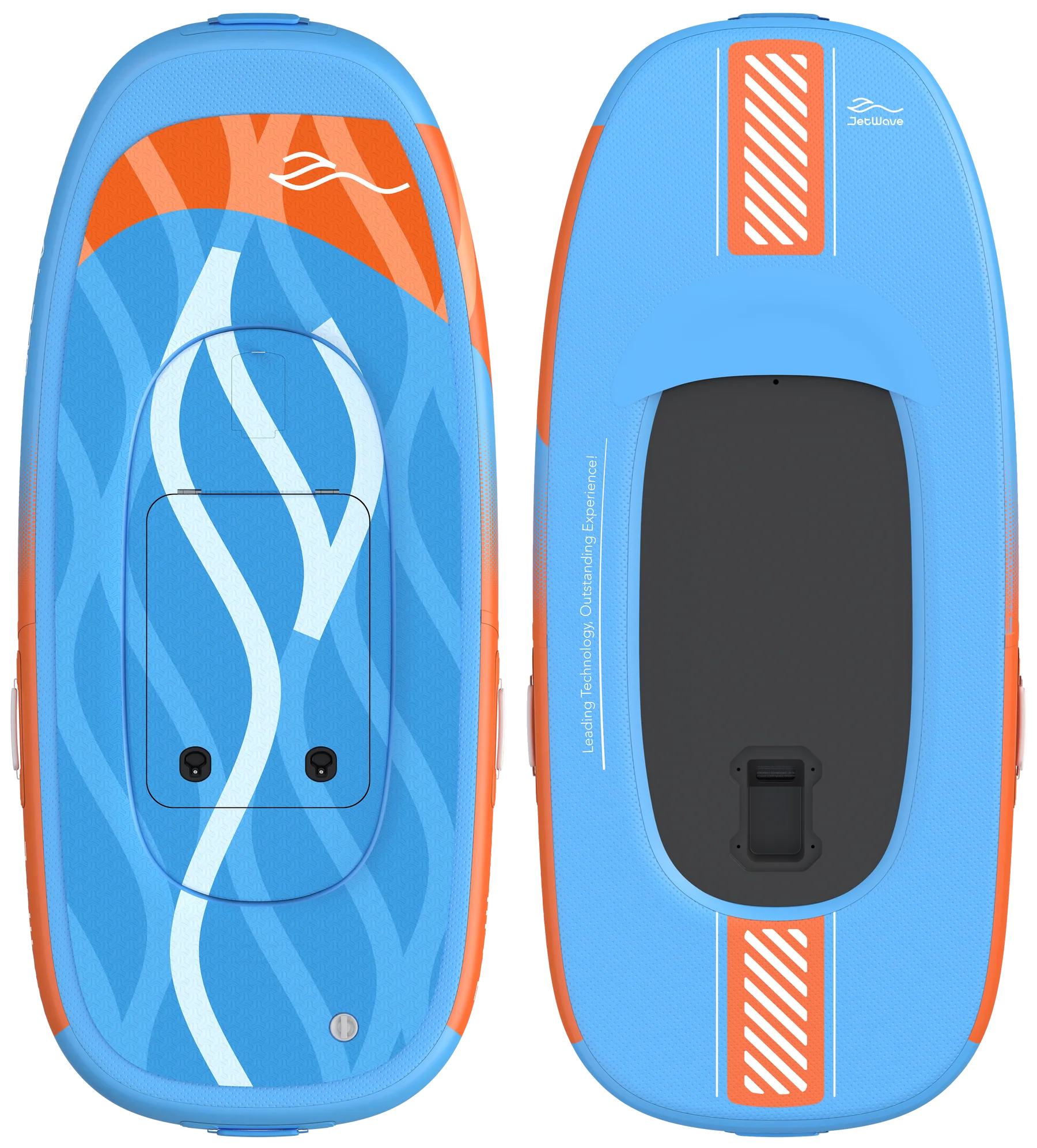 Blau-oranges eFoil-Board, Ober- und Unterseite nebeneinander dargestellt