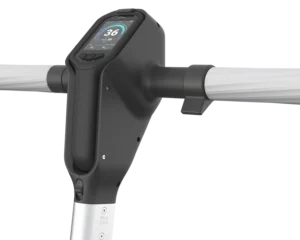 Handgriff eines Unterwasser-Scooters mit digitalem Display und grauen Griffen