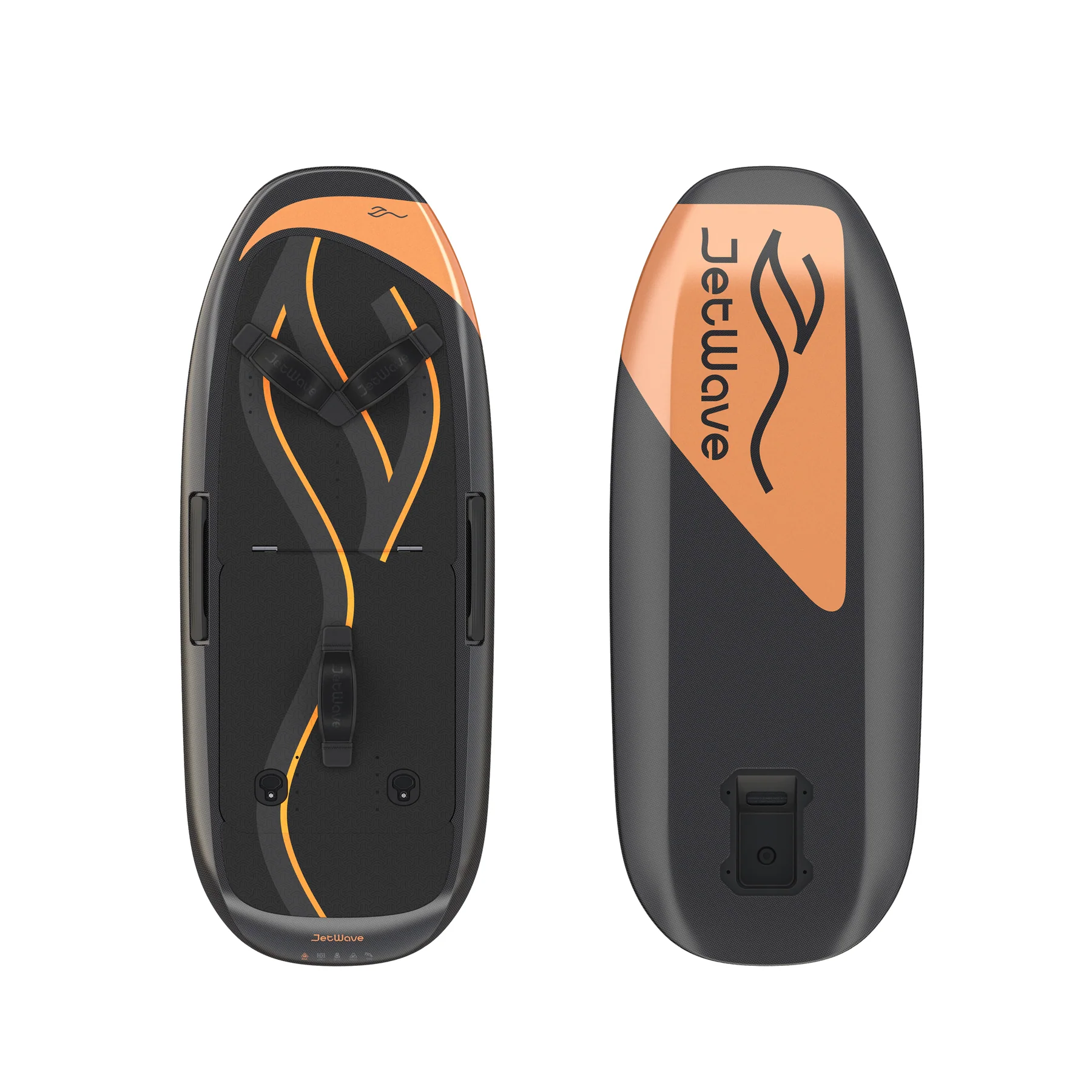 Schwarz-oranges eFoil-Board in Ober- und Unterseitenansicht mit Wellenmuster