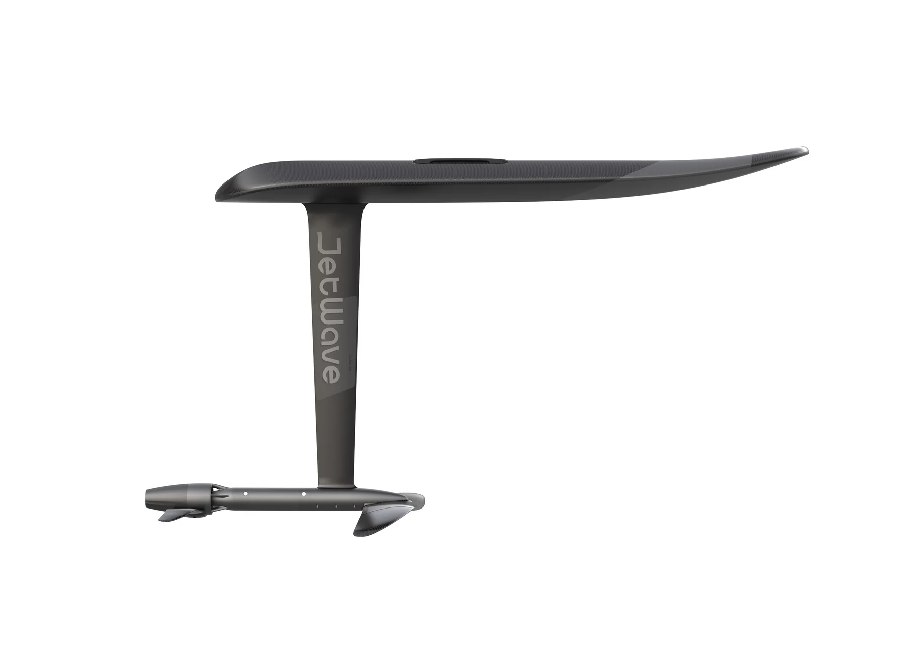Schwarzes eFoil-Board mit Carbon-Foil in reiner Seitenansicht vor hellem Hintergrund