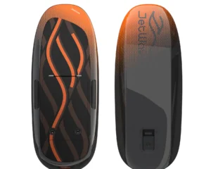 Orange-schwarzes eFoil-Board, Ober- und Unterseite nebeneinander