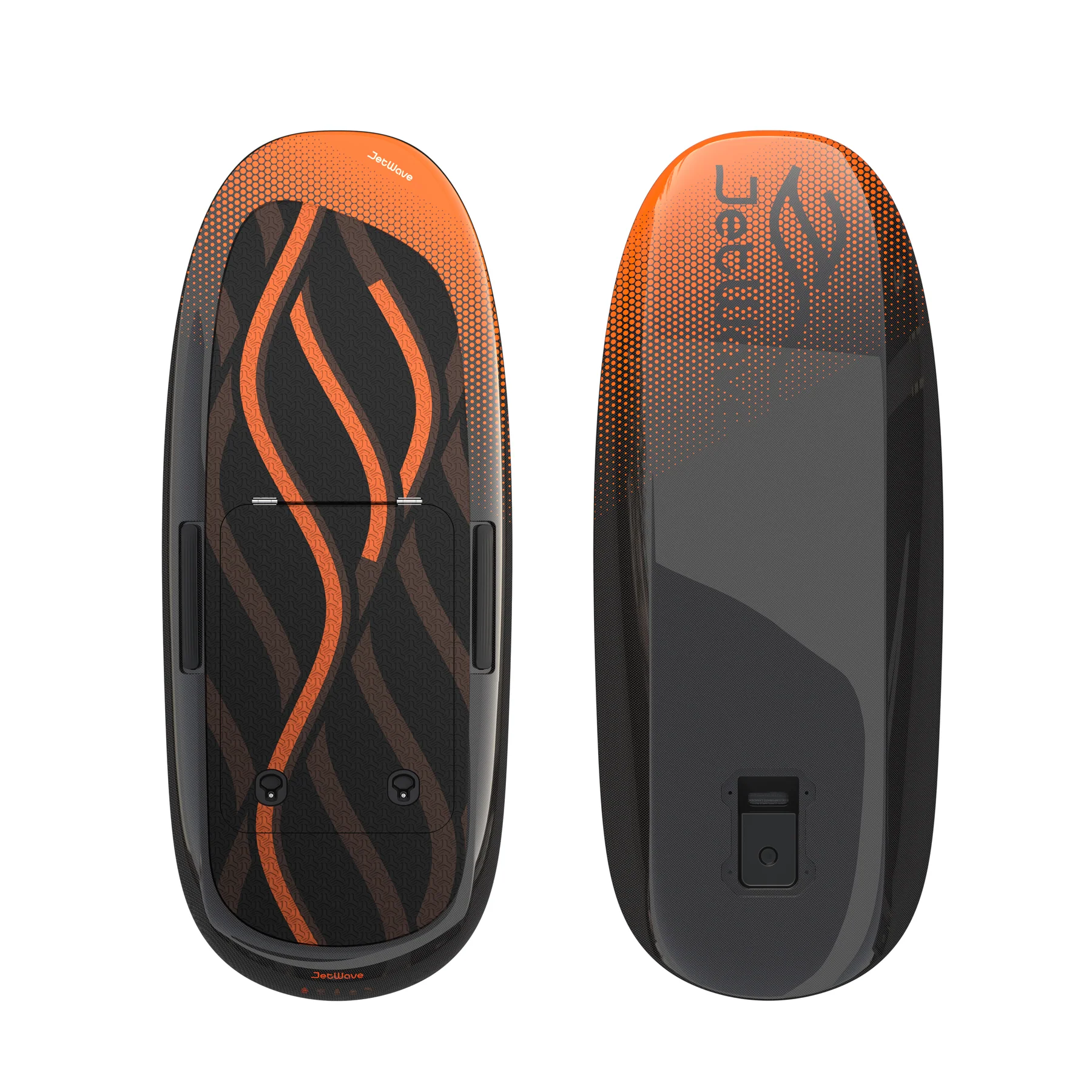 Orange-schwarzes eFoil-Board, Ober- und Unterseite nebeneinander