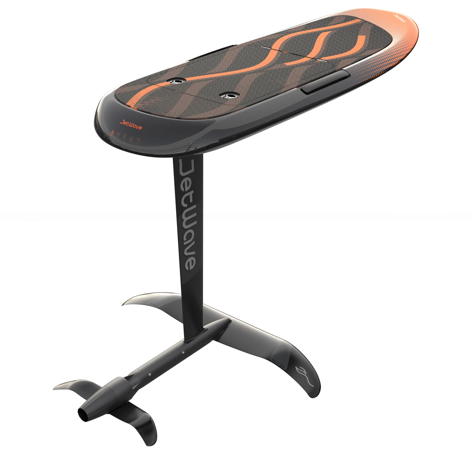 eFoil-Board in Schwarz-Orange mit Tragflaechenmast, Draufsicht schraeg