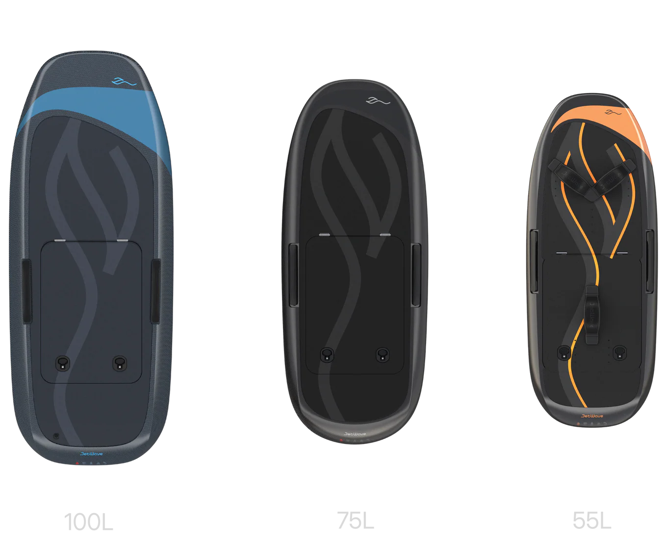 Drei eFoil-Boards der Carbon-Serie in den Groessen 100L, 75L und 55L nebeneinander